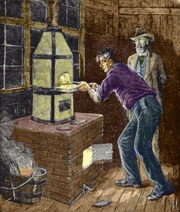 Thomas Edison experiments around 1879 with carbon paper for the incandescent lamp by Unknown artist