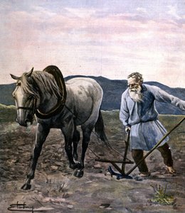 Tolstoy plowing. Engraving late 19th century. by Unknown artist