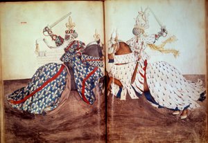 Tournament: Game of the Calling Lord and Defendant Lord (Duke of Brittany and Duke of Bourbon Face). Book of Tournaments (Folio 32v - folio33) by Unknown artist