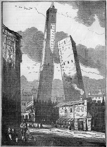 Towers of Bologna - the Asinelli tower and the smaller Garisenda tower - engraving 19th century