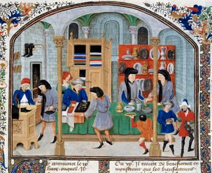 Trade Scene: Merchants in a Shop Present Tableware and Silverware to Their Customers. Miniature taken from an edition of “Ethical, Political and Economic” by Aristotle by Unknown artist
