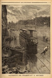 Tram accident in Sevres, material damage but no injuries. Engraving in Le petit journal 24/01/1897. Selva Collection