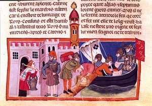 Transport of goods and foodstuff by inland waterway - Miniature from a French codex 