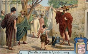 Travelling bookseller in ancient Greece. Chromolithography, Liebig image by Unknown artist