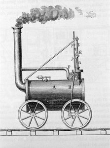 Trevithick locomotive. 19th century engraving
