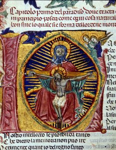 Trinity (the dove of the Holy Spirit is seen in the beard of the Father). Codex illuminated