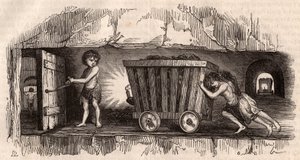 Two children pushing a trolley in an English coal mine, a third, the Trapper opens a door