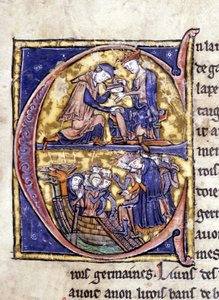Two kings of Brittany: Bans de Berroye (father of Lancelot) and Boorz de Gaune. Manuscript: Conquest of the Holy Grail, written 717 years after the passion of our lord. Bibliotheque municipale de Rennes, ms. 255 (Collection of novels of the Round Table)