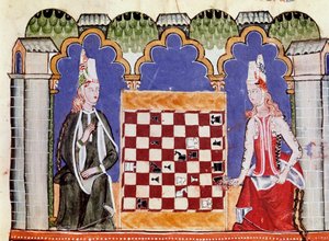 Two women playing chess. Miniature from the manuscript 