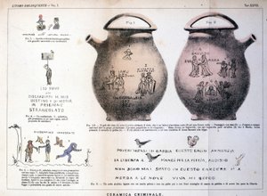Various illustrations and inscriptions left by criminals on ceramic vases: study by Cesare Lombroso (1835-1909), Italian criminologist in 