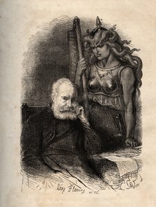 Victor Hugo seated with a goddess of war - engraving from The Terrible Year, a series of poems that deal with the Siege and the trauma of losing his son