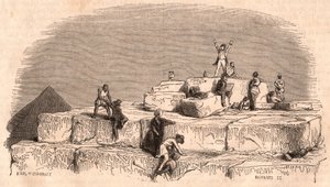 View from the top of the Great Pyramid of Khufu: a group of Europeans arriving on the summit helped by Egyptians by Unknown
