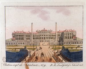 View of the Imperial Castle of Schonbrunn near Vienna, Austria. Engraving of 1815