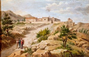 View of the house of the Italian patriot and hero of the Risorgimento Giuseppe Garibaldi with two peasants