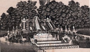 View of the large waterfall in the park of Saint Cloud, France. The world illustrates 168 views. Undated (end 19th century)