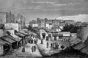 View of the main road of the fortified city of Tangier and the coast, Morocco. Engraving of the 19th century by Unknown artist