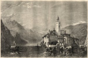 View of the monastery Mater Ecclesiae on the island of San Giulio on Lake Orta in Italy. Engraving after a painting by William Collingwood Smith (1815-1887). In 