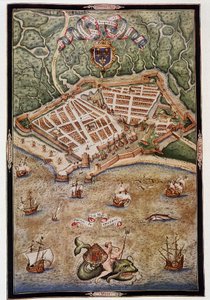 View of the port of Le Havre in 1583 - from an illuminated manuscript by Jacques Delvaux, pilot of the Navy, dedicated to Admiral de Joyeuse