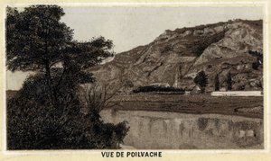 View of the village of Poilvache, Meuse Valley, Belgium. Chromolithography of the late 19th century