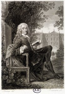 Voltaire reading in a park - engraving by Unknown artist