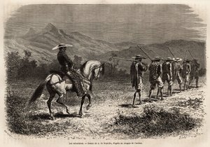 Volunteers on their way to Cali, a long line of men with their hands tied behind their back, connected by a rope to each other, a rope held by a soldier on horseback, who takes them to a military training camp. Engraving to illustrate the voyage to New Gra by Unknown artist