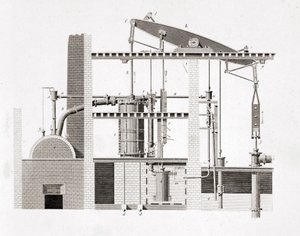 Watt steam machine. Schema. 19th century engraving by Unknown artist