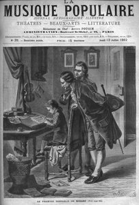 Wolfang Amadeus Mozart writing a concerto for harpsichord in the presence of his father Leopold and Andreas Schachtner in 1762 - engraving in “Popular Music” illustrated weekly newspaper - 1882