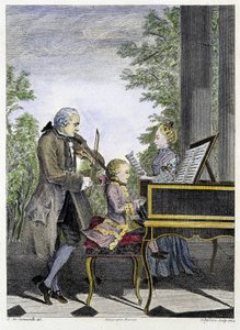 Wolfgang Amadeus Mozart child on piano surrounded by his father Leopold on violin and his sister Marianne on singing - engraving by Unknown artist