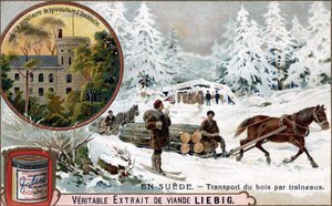 Wood Transport by Sleds, Sweden. Chromolithography, Liebig Image.