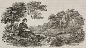 Writer under tree in front of stream, illustration from Teatro universale, Raccolta enciclopedica e scenografica by Unknown artist