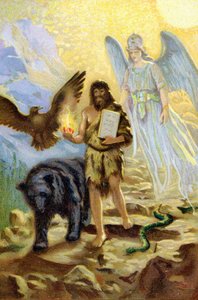 Zarathustra, guided by the Archangel and accompanied by animals, descends between men to carry the tables of law received by Ahura Mazda by Unknown artist