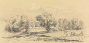 A Farm with Farmer and His Horse and Plow in the Foreground