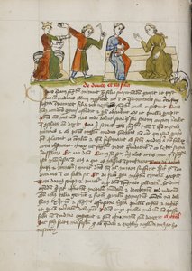 A Man Standing before a Crowned Woman Enthroned and Two Women in Conversation