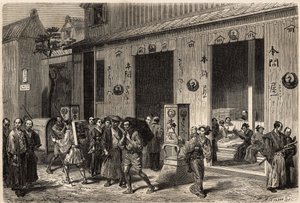 A bookstore, with piles of books and readers, in Yedo (or Edo, present-day Tokyo), opened on a lively street. Engraving to illustrate the voyage to Japan, in 1863-1864, by Aime Humbert, minister of the Swiss Confederation, in 