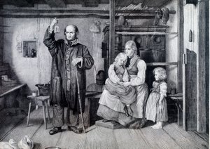 A Doctor Examining a Bottle, Probably a Urine Vial, During a Visit to a Mother and Her Two Children Living in Poverty by Unknown artist