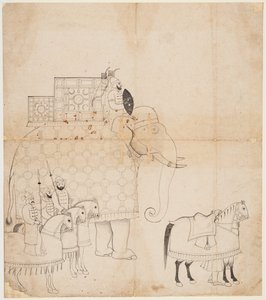 A Drawing of Caparisoned Elephant and Horses