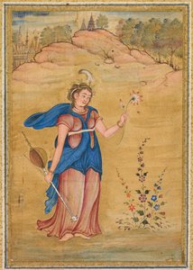 A Female Figure Standing in a Landscape Holding a Four-Stringed “Khuuchir” and a Lotus by Unknown artist