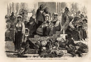A group of peasants and shepherds gather for the celebration of Holy Week on the steps of St. Peter in the Vatican. Engraving to illustrate the story of the Holy Week in Rome, in 1863, by Ludovic Celler, in 