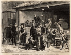 A lively scene of a street in Edo (Tokyo), with a traveling juggler in front of a fish deli, and a cheap cloth salesman. Engraving to illustrate the journey to Japan, by Aime Humbert, minister of the Swiss Confederation, in 1863-1864, published in Le tour 