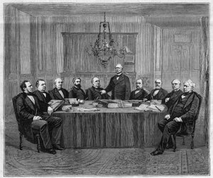 A meeting of the Council of Ministers in Versailles. From left to right: Louis Buffet, Minister of the Interior; Leon Say, Minister of Finance; Henri Wallon, Minister of Public Instruction, Worship and Fine Arts; Alfred 