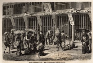 A pharmacy shop in Yedo (or Edo, present-day Tokyo), the pharmacist works with his help before the eyes of the public, protected by a wooden lacquer grid, in front of which the barges wait on the street to be served and then pay by passing the money throug