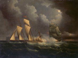 A smuggling lugger chased by a naval brig by Unknown artist
