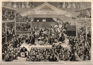 A stage of the Japanese theatre, in Yokohama, with three galleries for the reception of spectators; the actors play on a high stage, each accompanied by a man holding a long stick at the end of which a candle is held; during the performance, it is not unco