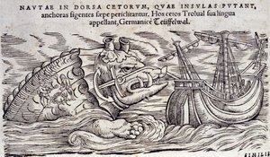 A whale confused with an island. Two people light a fire on the back of a marine monster. Engraving in 