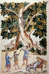 A Wild Cat Perches on a Tree, Hunters Await It, from the Book 