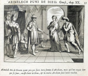 Abimelech gives Sarah to Abraham - Bible, engraving by Unknown artist