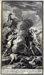 Achilles, covered with his new weapons, having rigorously attacked the Trojans, threw himself with fury at Hector, whom he was ready to slaughter to his resentment, but Apollo covered him with a thick cloud the delivre of this danger. Illustration of book 