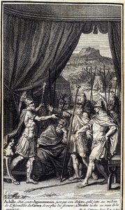 Achilles, Irritated Against Agamemnon, Swears by His Scepter Not to Help the Greeks; Nestor Tries in Vain to Appease Them (Illustration for Book I of the Iliad of Homer) by Unknown artist