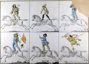 Aerobatic: Acrobatic exercises on horseback. Engraving by Unknown artist