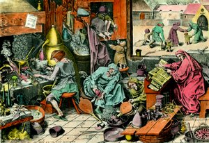 Alchemy Laboratory. An Alchemist Consulting a Grimoire. Engraving of the 16th Century. Private Collection by Unknown artist